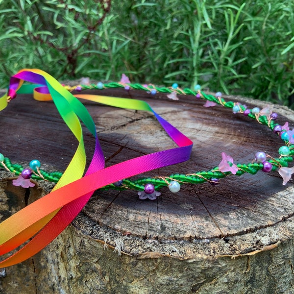 Rainbow Elven Flower Crown, elven hair wreath, green elven tiara, Fairy flower crown, Fantasy tiara, woodland wedding, boho flower crown,