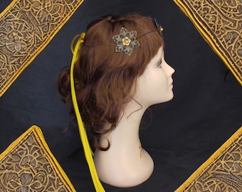 Bronze Viking Tiara, Filigree Pagan Crown with Pearl, Ribbon Tie