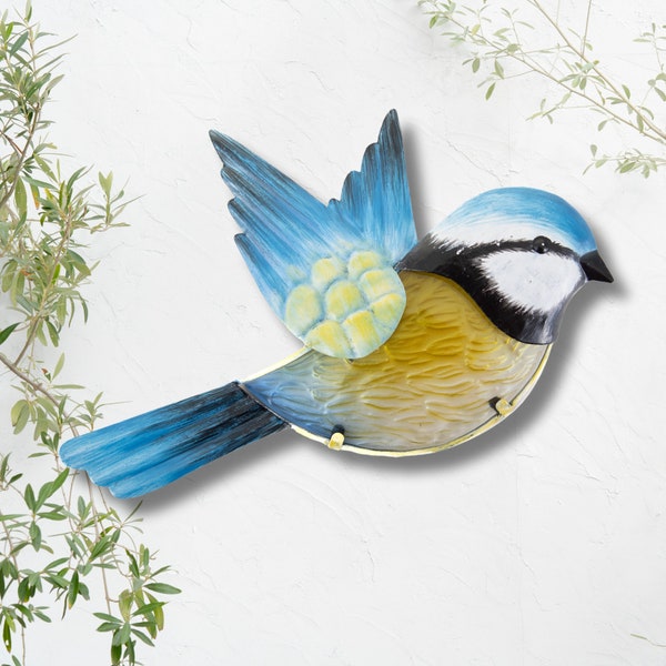 Bluetit Wall Art | Glass bird Ornament | Garden Decor | Fence Ornament | Porch Sculpture | Bird Lover Gift | Metal Bird Art