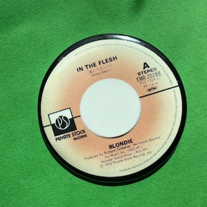 Op de afbeelding: Een zwart-witte 45 RPM vinylplaat met een wit label. De plaat is getiteld "In The Flesh" door Blondie. Het platenlabel is Private Stock Records.