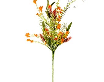 May include: A bouquet of artificial flowers with orange, yellow, and red blooms. The flowers are arranged in a cluster with green stems and leaves.