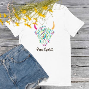 Free Spirit Cow Shirt, Highland Cow Shirt, Colorful Cow Shirt, Cow Lover Shirt, Cow Shirt for Mom, Cow Gifts for Her, Farm T-shirt