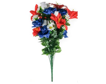 Lilium Rose Bush x 36, Red White and Blue Flowers, Red White and Blue Floral Bush, Artificial Floral Bush