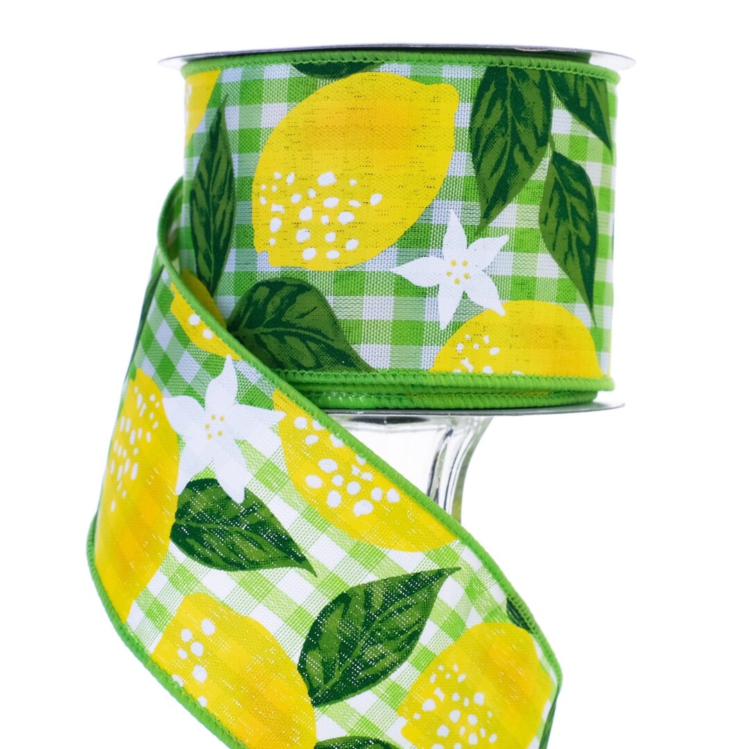 Lemon Green Check Wired Ribbon, Lemon Ribbon, Summer Ribbon, 1.5 Inch ...