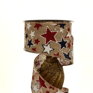 Patriotic Stars Burlap Ribbon: Red, White, and Blue Wired Edge (10 Yard Roll)