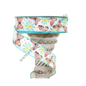 Orange Butterfly and Flower Ribbon, Butterflies and Flowers Ribbon, Summer Ribbon, 1.5 Inch Wired Ribbon, 10 Yards