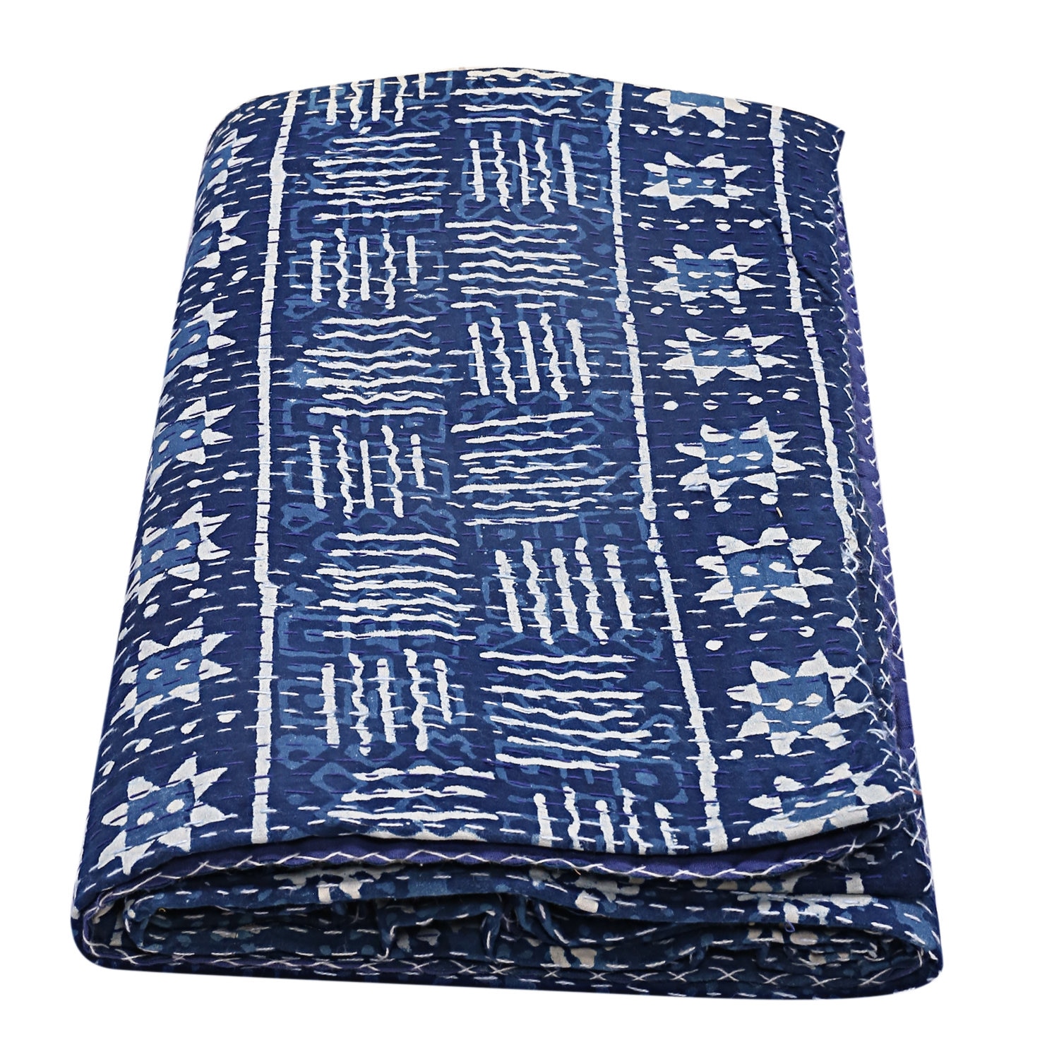 INDIGO HAND BLOCK Pattern Printed Kantha Quilt Bohemian Throw Blanket