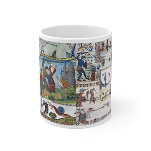 May include: White ceramic mug with a medieval illustration depicting figures, snails, and a castle. The artwork is in blue, red, and yellow. The mug has a glossy finish and a standard handle.