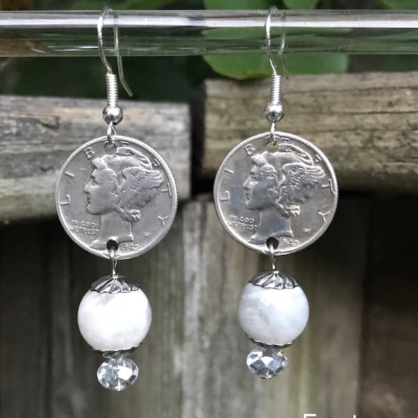 1942 Silver Mercury Dime Earrings with Moonstone & Swarovski Crystal Beads