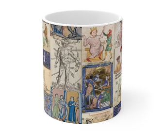 May include: A white ceramic mug featuring a colourful collage of medieval illustrations. The images depict scenes of people, animals, and objects. The mug is a great way to add a touch of history to your home.
