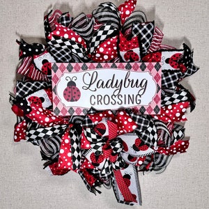 Ladybug Wreath, Black and Red Door Wreath, Spring ladybug wreath, Ladybug crossing Door Hanger, Lady Bug Lover, Summer Wreath,