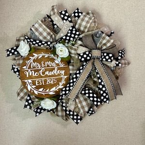 Wedding Wreath, Welcome Wreath, Everyday Storm Door Hanger, Rustic Roses mesh wreath, Personalized bridal Wreath, Wedding shower gift