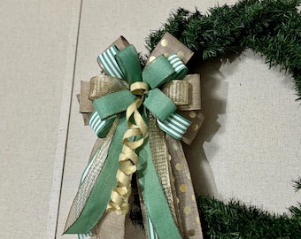 Farmhouse Wreath Bow, Sage Green & Gold Striped, Neutral Decor