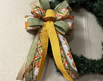 Fall Wreath Bow, Gold and Moss Green Plaid, Autumn Decor
