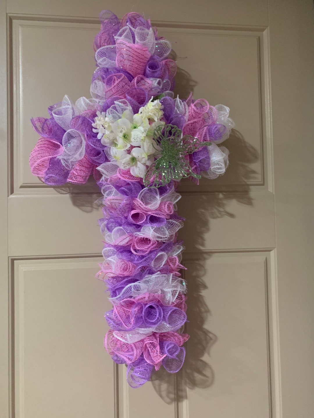 Deco Mesh Cross Wreath, Easter Cross Wreath, Pink Cross Wreath