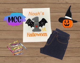 My First Halloween Bodysuit | Embroidered Bat T Shirt | Personalized Boys Halloween Shirt/ 1st Halloween applique shirt