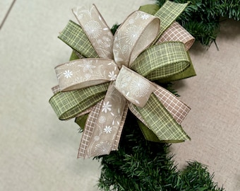 Farmhouse Wreath Bow, Moss Green & Tan Wired Ribbon Bow
