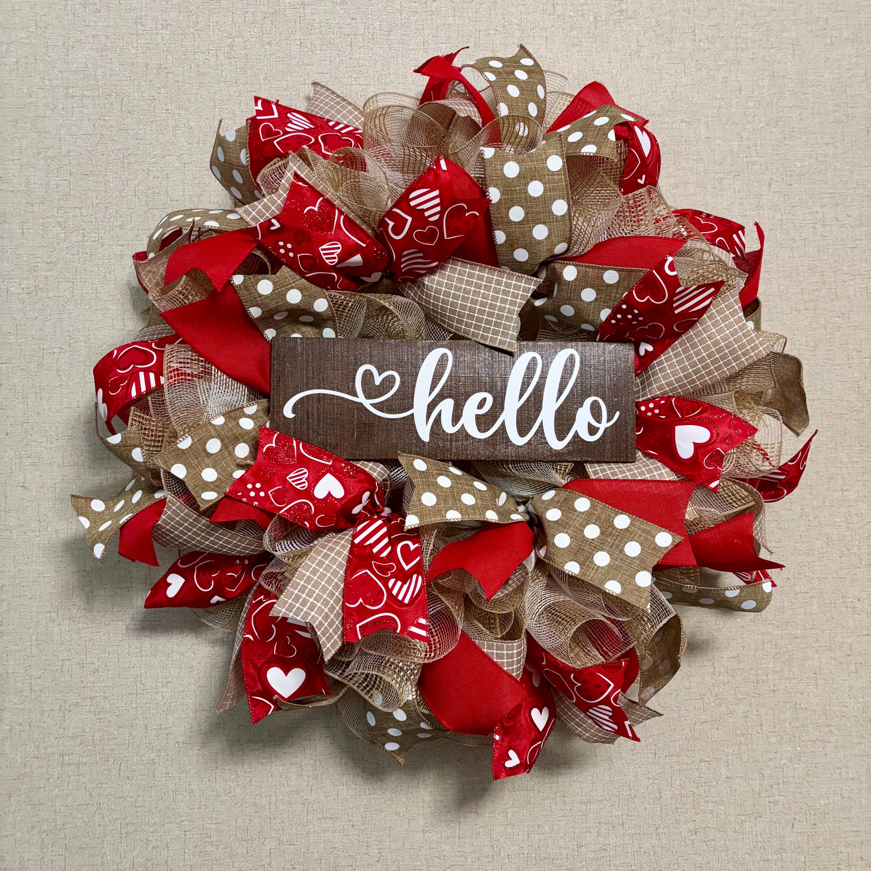 Valentines Day Wreath, Rustic Wreath for Front Door, Burlap Decor, Hello Mesh Wreath, Farmhouse wreath , Heart Door Hanger