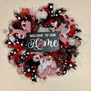 Summer Wreath, Ladybug Mesh Wreath, Black and Red Door Wreath, Spring ladybug wreath, welcome to out Home door Hanger,