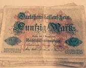 Vintage World War One German Empire Fifty Mark Banknote Dated 1914, Over One Hundred Years Old