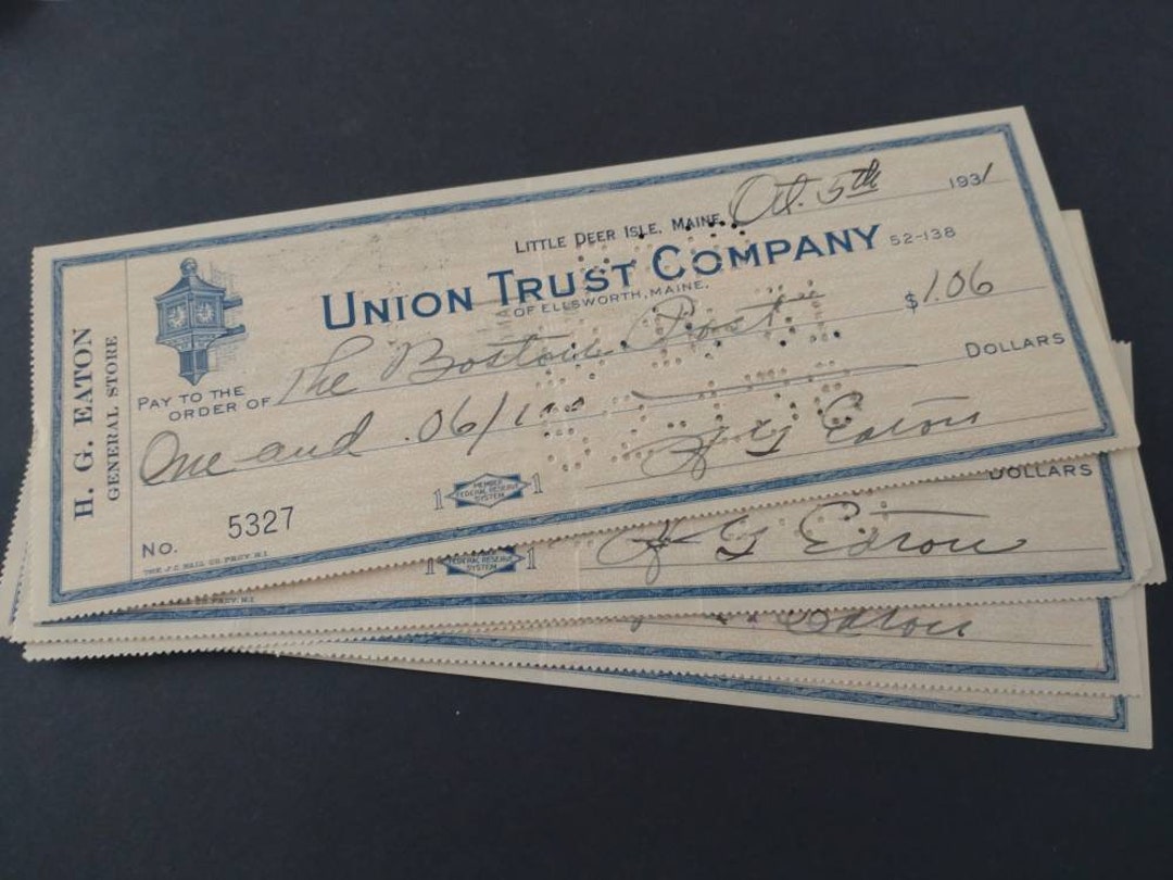 素晴らしいビンテージ銀行小切手、米国メイン州、ユニオン