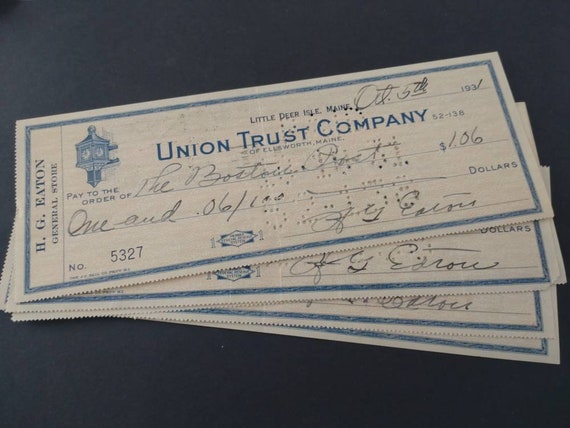 素晴らしいビンテージ銀行小切手、米国メイン州、ユニオン