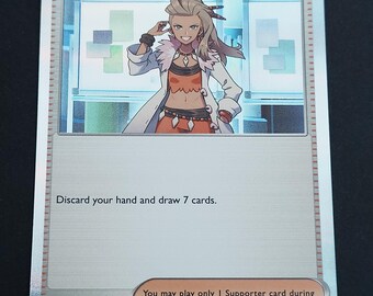 May include: A Professor's Research Professor Sada Supporter Trainer Pokémon trading card. The card features an illustration of a character with light brown hair in a white lab coat, with text reading Discard your hand and draw 7 cards.