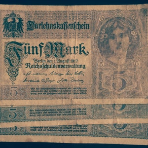 Vintage tysk femmarkssedel daterad 1917, över hundra år gammal!