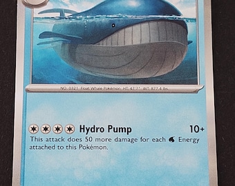 May include: A Stage 1 Wailord trading card with 240 HP. The card features a blue whale illustration, the Hydro Pump attack, and text including 'NO. 0321 Float Whale Pokémon HT 47'7" WT 877.4 lbs.' and 'Its immense size is the reason for its popularity.'