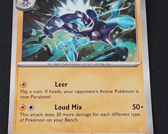 May include: A Toxtricity trading card featuring a purple and blue electric-type creature with spikes. The card displays 140 HP, the attacks Leer and Loud Mix, and includes the text No. 0849 Punk Pokémon, HT 5'3", WT 88.2 lbs, 072/197.