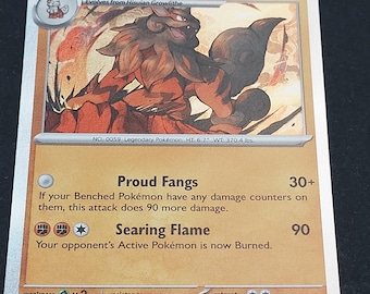 May include: A Hisuian Arcanine trading card featuring a red and brown creature with a fiery mane. The card displays 130 HP, the Proud Fangs and Searing Flame attacks, and text detailing its abilities. It is numbered 100/167 from the 2024 set.
