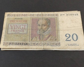 Vintage Belgium Twenty Franc Banknote Dated 1956!