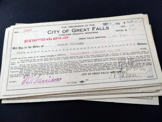 素晴らしいアンティーク銀行小切手、米国、モンタナ州、1914-1915年