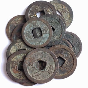 Prachtige antieke oude Japanse Kan'ei Tsūhō One Mon Coin geslagen 1600's-1700's Edo-periode Tokugawa-shogunaat! 1 st.