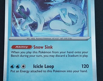 May include: A Chien-Pao trading card featuring a light blue, snow-leopard-like creature with dark blue markings. The card displays 120 HP, the Snow Sink ability, and the Icicle Loop attack. Text includes card details, stats, and a flavor text description.