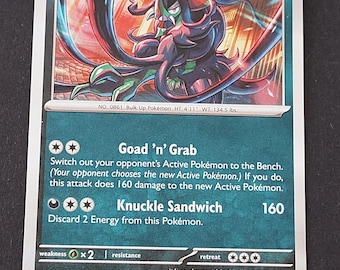 May include: A Grimmsnarl trading card featuring a dark purple and green creature illustration, 170 HP, and attacks Goad 'n' Grab and Knuckle Sandwich. The card displays the text No. 0861, height 4' 11", weight 134.5 lbs, and the set number 096/142.