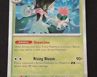May include: A Meowscarada Stage 2 trading card with 160 HP. The card features a green and white character with a pink flower, the ability Showtime, and the Rising Bloom attack. It includes text details like No. 0908, height 4'11", weight 68.8 lbs, and 018/159.