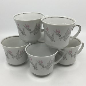 Set of SIX- Tea Cups- WIG3- Winterling- Schwarzenbach- Bavaria- Germany- Gray Leaves- Pink Flowers- Platinum Trim