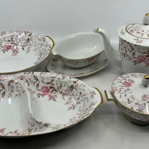 Jeanette- Sango- Serving- Bowl- Divided- Sugar Bowl- Gravy Boat- Teapot- Floral- Roses- Japan