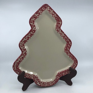 Roseville- Pottery- Stoneware- Spongeware- Red- Christmas- Tree- Serving- Plate- Platter- Made in USA