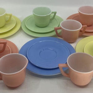 20 Piece Set- Hazel Atlas- Miniature- Cup- Mug- Plate- Creamer- Sugar- Pastel- Little Hostess- Toy- Yellow- Green- Pink- Blue