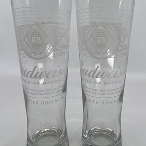 TWO- Budweiser- Beer- Glasses- Logo- Advertising- Bar- Restaurant- Heavy- White Lettering