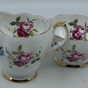 Queen Anne- Creamer- Sugar- Set- England- Bone China- Flowers
