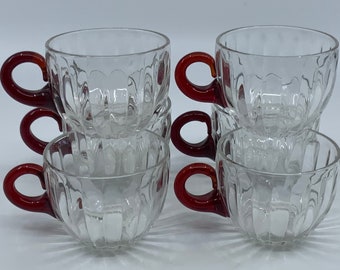 Set- FIVE- Optic- Red- Handle- Punch- Cup- Glass- Ribbed- Vintage- Christmas