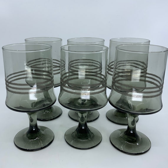 Set Of Six Smoke Grey Glass Glasses