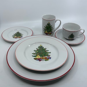 Service for TWO- 12 Pieces- Cuthbertson- Christmas Tree- Plate- Cup- Saucer