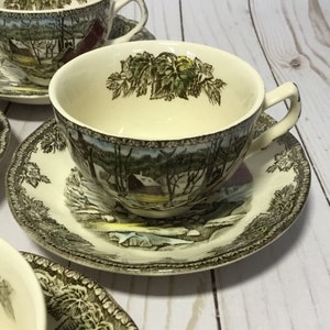 Lot of SEVEN- Johnson Brothers- The Friendly Village- Cup and Saucer Set- The Ice House- Transferware- Made in England