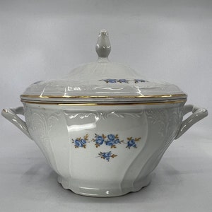 1 Lidded Tureen- Round Serving Bowl- TK- Thun- Bernadotte- Czechoslovakia- Gold- Plate- Blue- Roses- Flowers- Serving