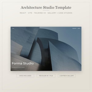 May include: Architecture Studio Template website design featuring React, Vite, and Tailwind V4. The hero section displays a blue-toned building with the text Forma Studio, Architecture & Interior Design. Includes Docs Included, Recolor in 1 File, and Lightbox Gallery buttons.