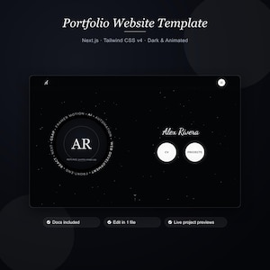May include: A dark-themed portfolio website template featuring the text Portfolio Website Template, Next.js, Tailwind CSS v4, Dark & Animated. The interface displays the name Alex Rivera, circular buttons for CV and Projects, and a profile area.